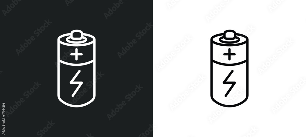 Poster battery line icon in white and black colors. battery flat vector icon from battery collection for we