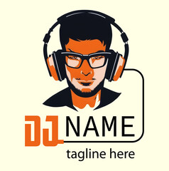 Dj Logo Design. Creative vector logo design with headphones and DJ with glasses. Music logotype template. For accessory, brand, identity, logotype, company, shop, dj party. Black background. Mp3 sign.