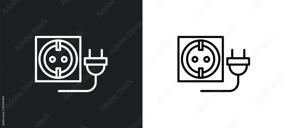 Poster wall socket line icon in white and black colors. wall socket flat vector icon from wall socket colle