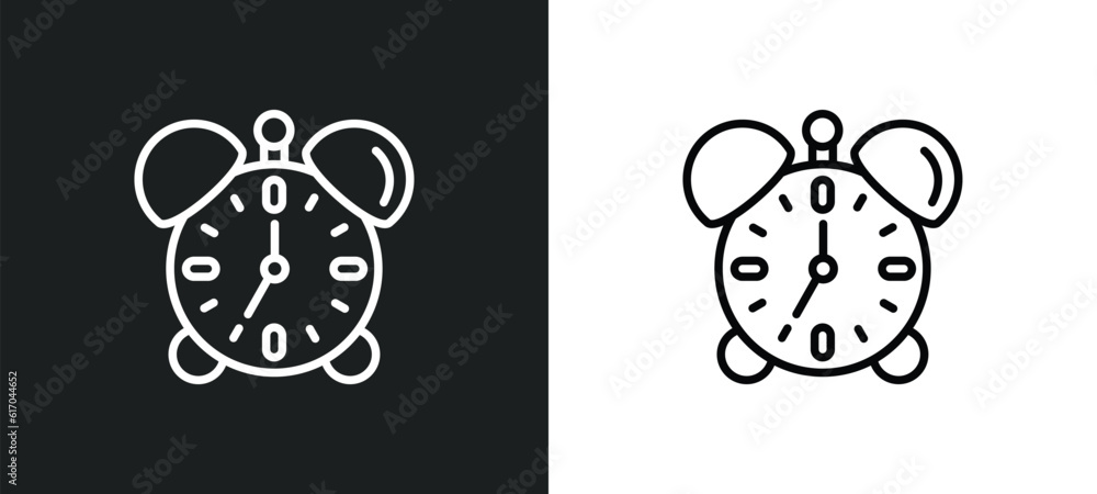 Poster alarm clock line icon in white and black colors. alarm clock flat vector icon from alarm clock colle
