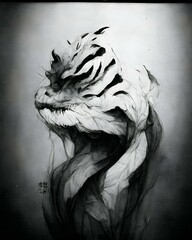charcoal drawing on white paper tigerchinese dragon hybrid stalks grinning mouth claws 35mm minimalism  - obrazy, fototapety, plakaty