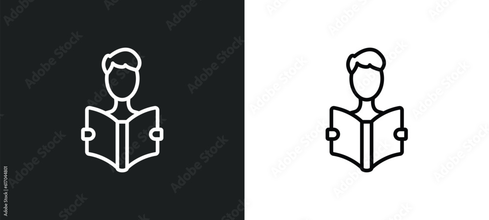 Poster man reading line icon in white and black colors. man reading flat vector icon from man reading colle