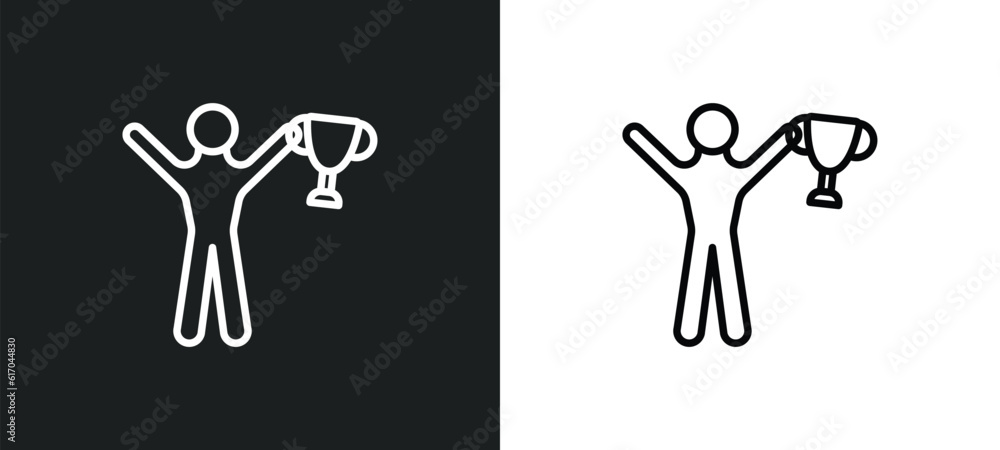 Poster man with trophy line icon in white and black colors. man with trophy flat vector icon from man with 