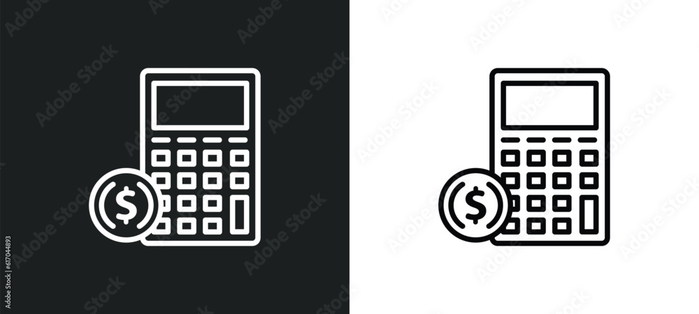 Poster calculator and dollar line icon in white and black colors. calculator and dollar flat vector icon fr