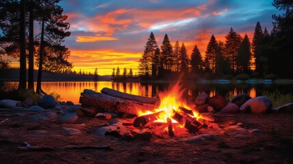 Summer wilderness exploration. A burning camp fire at sunset provides warmth and light to appreciate nature, pleasant times, and a starry night sky. Photo montage.