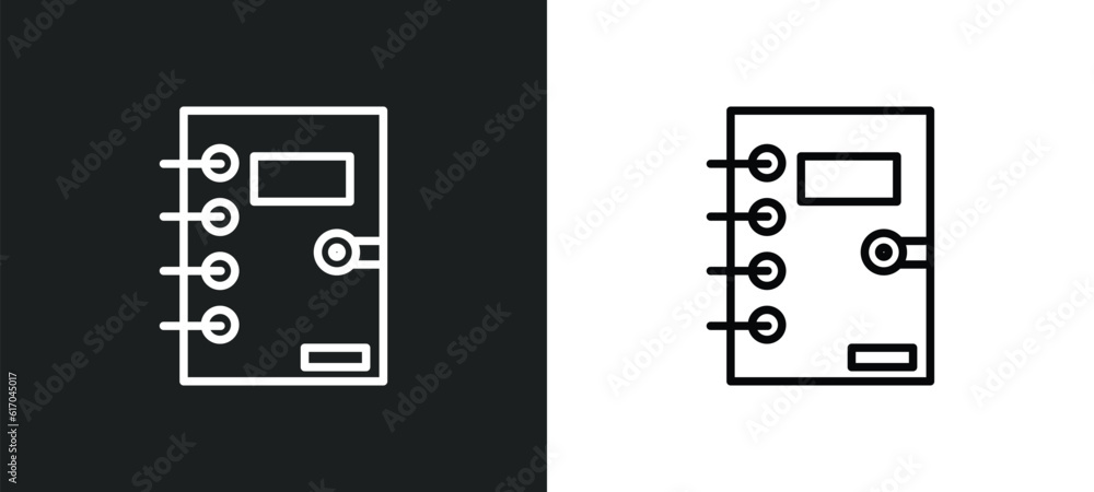 Poster notebook with bookmark line icon in white and black colors. notebook with bookmark flat vector icon 