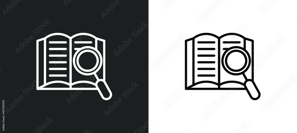 Poster book and magnifier line icon in white and black colors. book and magnifier flat vector icon from boo