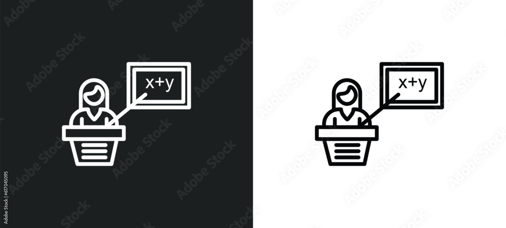 Poster teacher giving lecture line icon in white and black colors. teacher giving lecture flat vector icon 