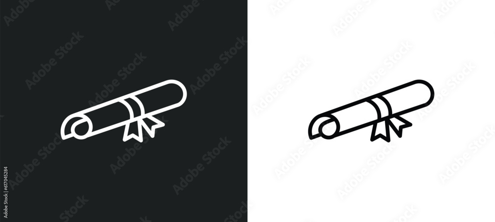 Poster diploma with a ribbon line icon in white and black colors. diploma with a ribbon flat vector icon fr