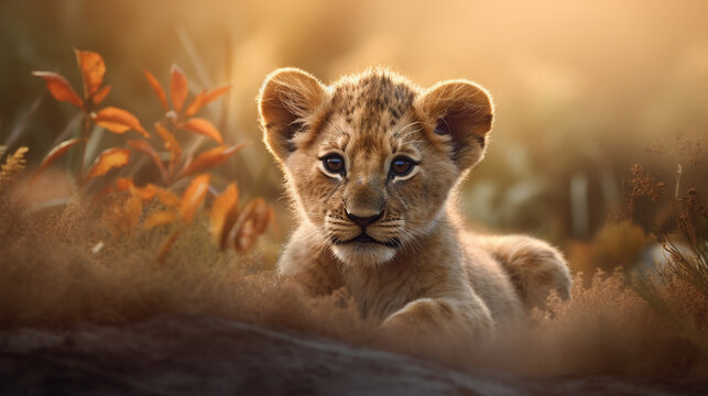 lion cub in the wild HD 8K wallpaper Stock Photographic Image