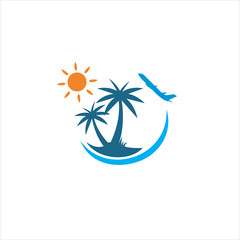 Beach, Palm Tree, Travel Plane Logo Design Vector