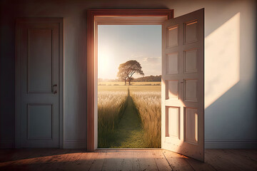 An open door overlooking an endless field. Conceptual image of opening opportunities. Generative AI.