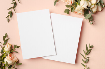 Wedding invitation or save the date card mockup with flowers, blank card front and back sides with copy space