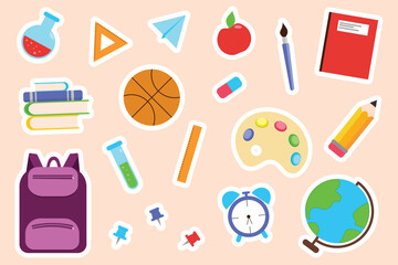 Set of stickers with school supplies, stationery, backpack. Back to school sticker pack. Vector isolated elements