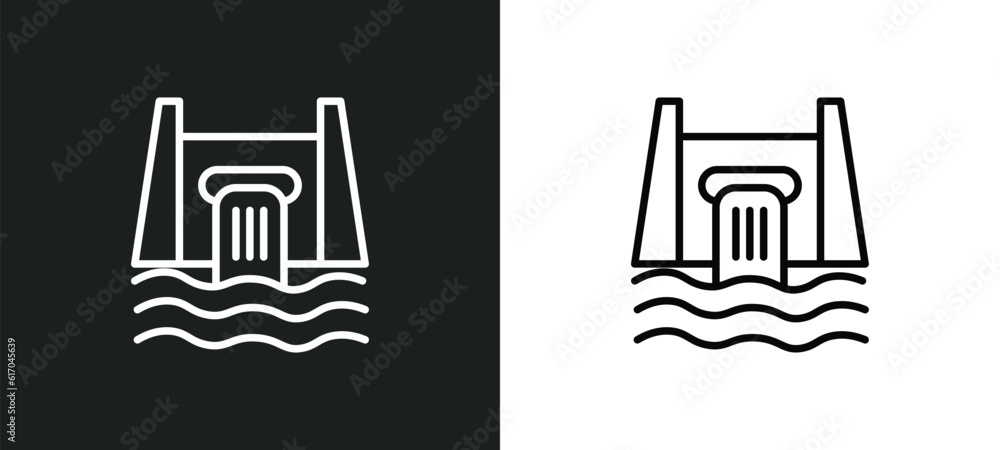Poster hydro power line icon in white and black colors. hydro power flat vector icon from hydro power colle