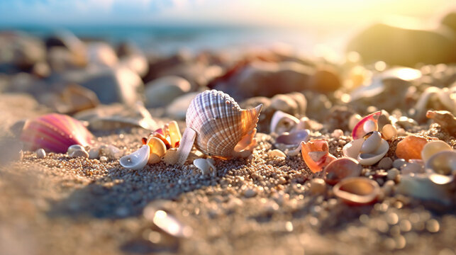 shells on the beach HD 8K wallpaper Stock Photographic Image