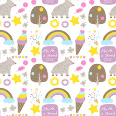 Fototapeta premium Vector seamless pattern Cute kawaii sticker set with flower and star and apple Doodle art for decoration , sticker , other