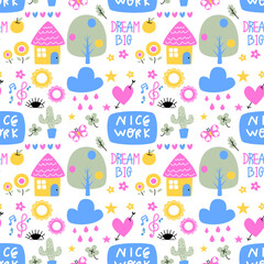 Vector seamless pattern Cute kawaii sticker set with flower and star and apple Doodle art for decoration , sticker , other