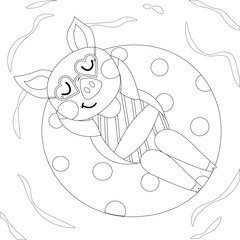 Coloring page with a pig in a swimsuit on an inflatable circle in the pool