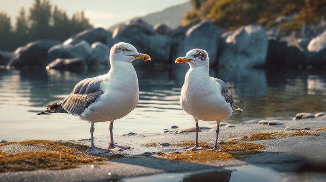 seagulls on the beach HD 8K wallpaper Stock Photographic Image