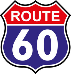 US route 60 sign, shield sign with route number and text, illustration. Graphic image on a white background.