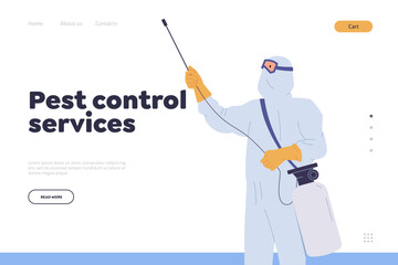 Pest control service landing page template with man in protective overalls using sanitary tools