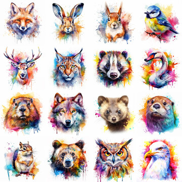 European animal set painted with watercolors on a white background in a realistic manner, multicolored and iridescent.