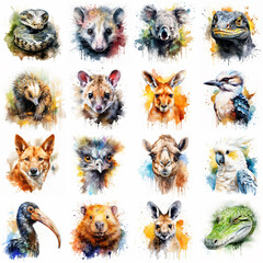 Australian animal set painted with watercolors on a white background in a realistic manner, multicolored and iridescent. Ideal for teaching materials, books and nature-themed designs. - obrazy, fototapety, plakaty