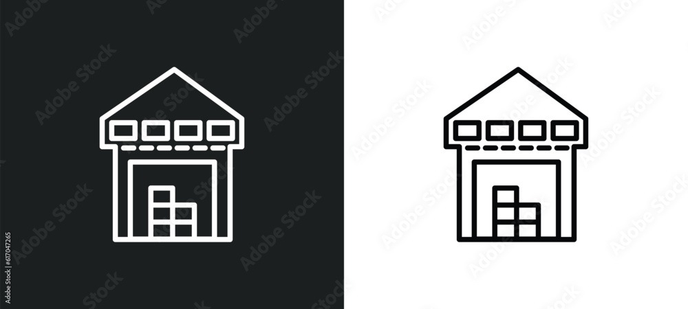 Poster warehouse line icon in white and black colors. warehouse flat vector icon from warehouse collection 