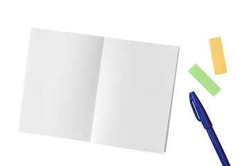 Blank white spread notebook with overhead angle with no writing, yellow and yellow-green sticky notes, clippings composed of blue pens	
