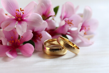 pink flowers and two golden wedding rings on white background