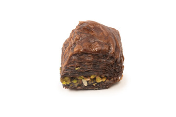 Turkish chocolate baklava isolated on white background.