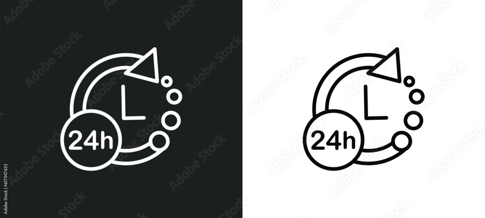 Poster 24 hours line icon in white and black colors. 24 hours flat vector icon from 24 hours collection for