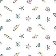 Seamless pattern background of seashells. Vector illustration texture wallpaper marine concept.