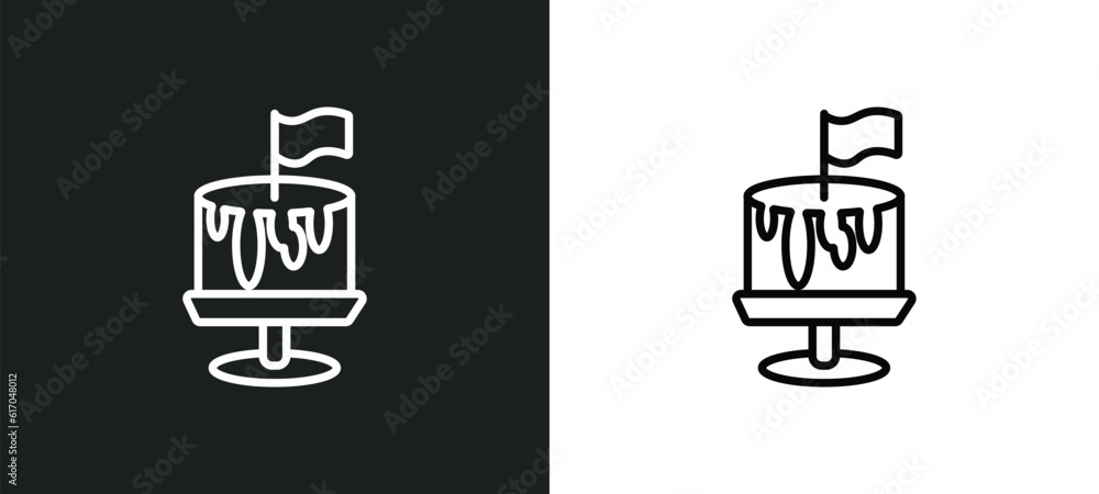 Poster cake with a flag line icon in white and black colors. cake with a flag flat vector icon from cake wi
