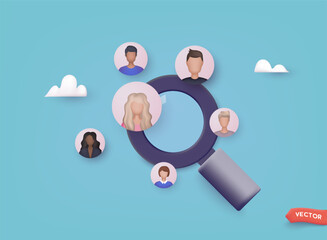 Human resources management and head hunter searching. Social Network and Social Media Concept. 3D Web Vector Illustrations.