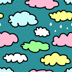 Seamless fairy pattern of clouds with snow and rain. Cute illustration for wallpaper, wrapping paper, textile for children. Multicolored hand-drawn clouds with a green outline on a violet background