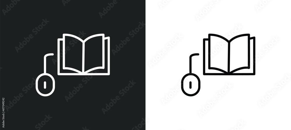 Poster book and computer mouse line icon in white and black colors. book and computer mouse flat vector ico