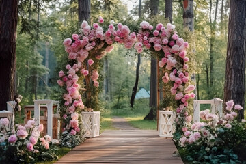 Beautiful romantic festive place made with wooden square and floral roses decorations for outside wedding ceremony in green park. Wedding settings at scenic place.