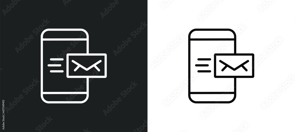 Poster mobile with envelope line icon in white and black colors. mobile with envelope flat vector icon from