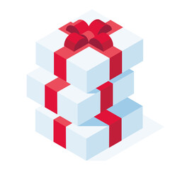 Isometric gift boxes. Holiday cardboard boxes stack, carton box with red bow isolated 3d vector illustration