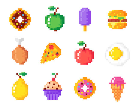 Pixel food icons. Hamburger, donut, pizza, apple, fried eggs, pear, muffin and ice cream flat vector illustration set