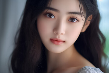 Fototapeta premium A hyper-realistic close-up of a beautiful Asian woman mesmerizes, her smooth skin radiating under the studio light against a pristine blur background. Generative AI.