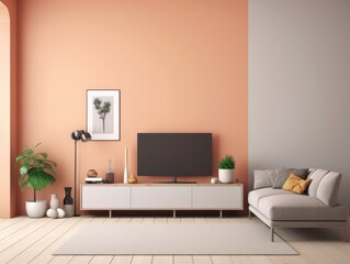 Minimal style living room in the style of orange and grey design with a TV, a lamp, a sofa, and wall decorations of picture frames. Generative AI