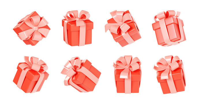 Closed red gift box with pink ribbon and bow 3d render illustration collection - falling present packs.