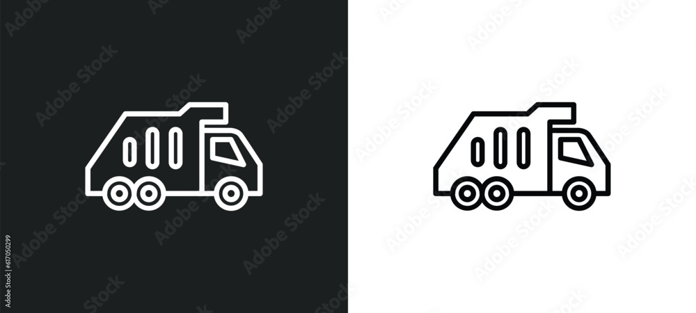 Poster garbage truck line icon in white and black colors. garbage truck flat vector icon from garbage truck
