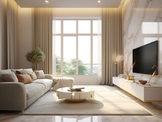 luxury living room in the style of white and gold with a TV on the cabinet, a sofa, and an expansive window. Generative AI