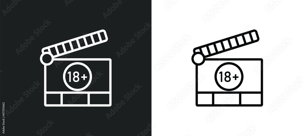 Poster plus 18 movie line icon in white and black colors. plus 18 movie flat vector icon from plus 18 movie