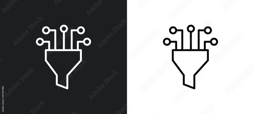 Poster funneling data line icon in white and black colors. funneling data flat vector icon from funneling d