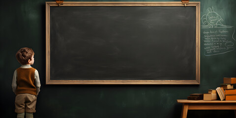 Schoolboy near blackboard with copy space, school concept, generative ai